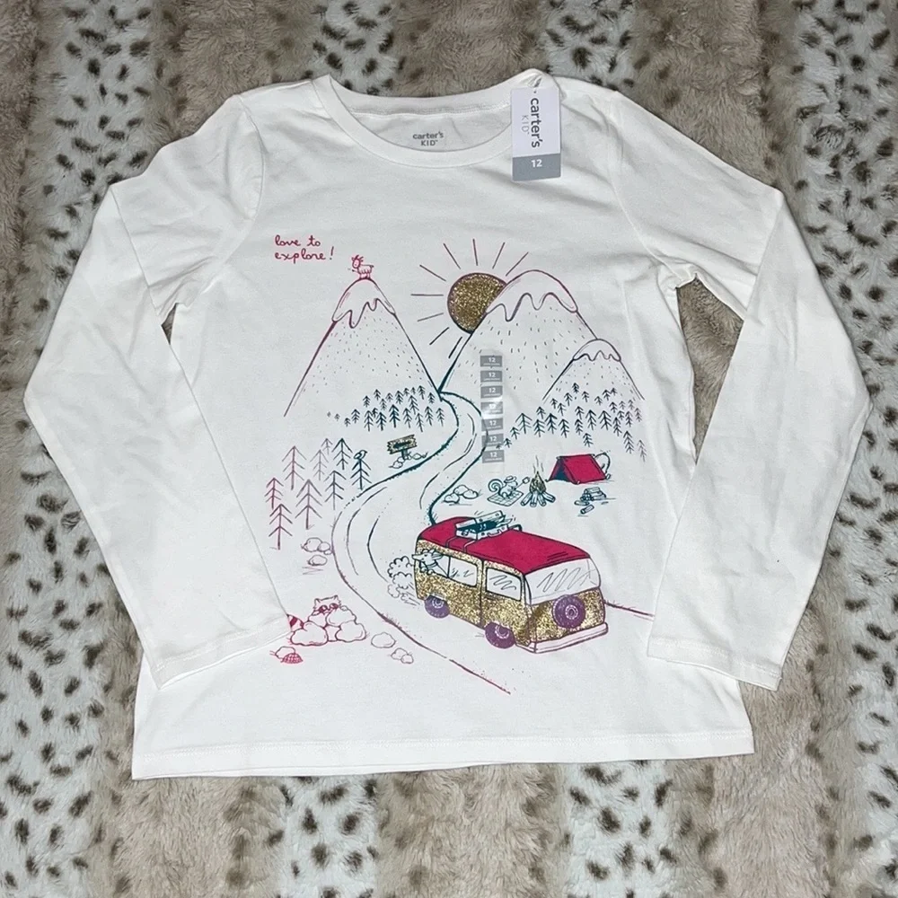 Carters Kid NWT Girls White Mountain Camping Long Sleeve Graphic Tee Shirt 12